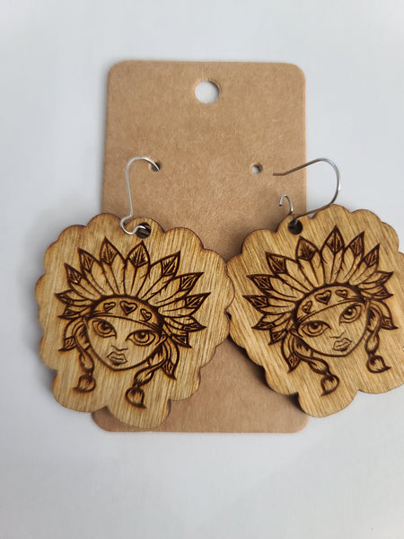 Female Native American Headdress on Birch wood earrings