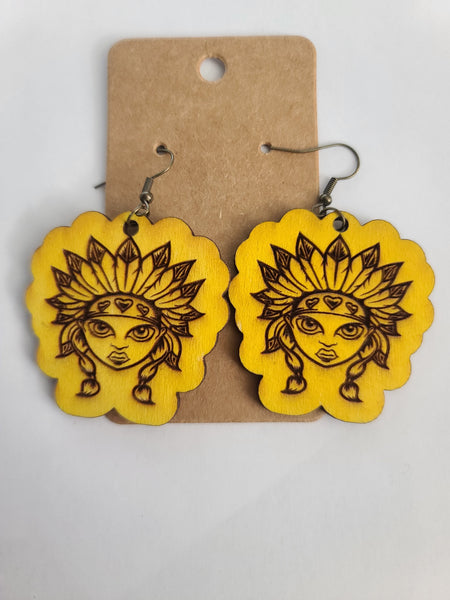 Female Native American Headdress on Birch wood Yellow earrings